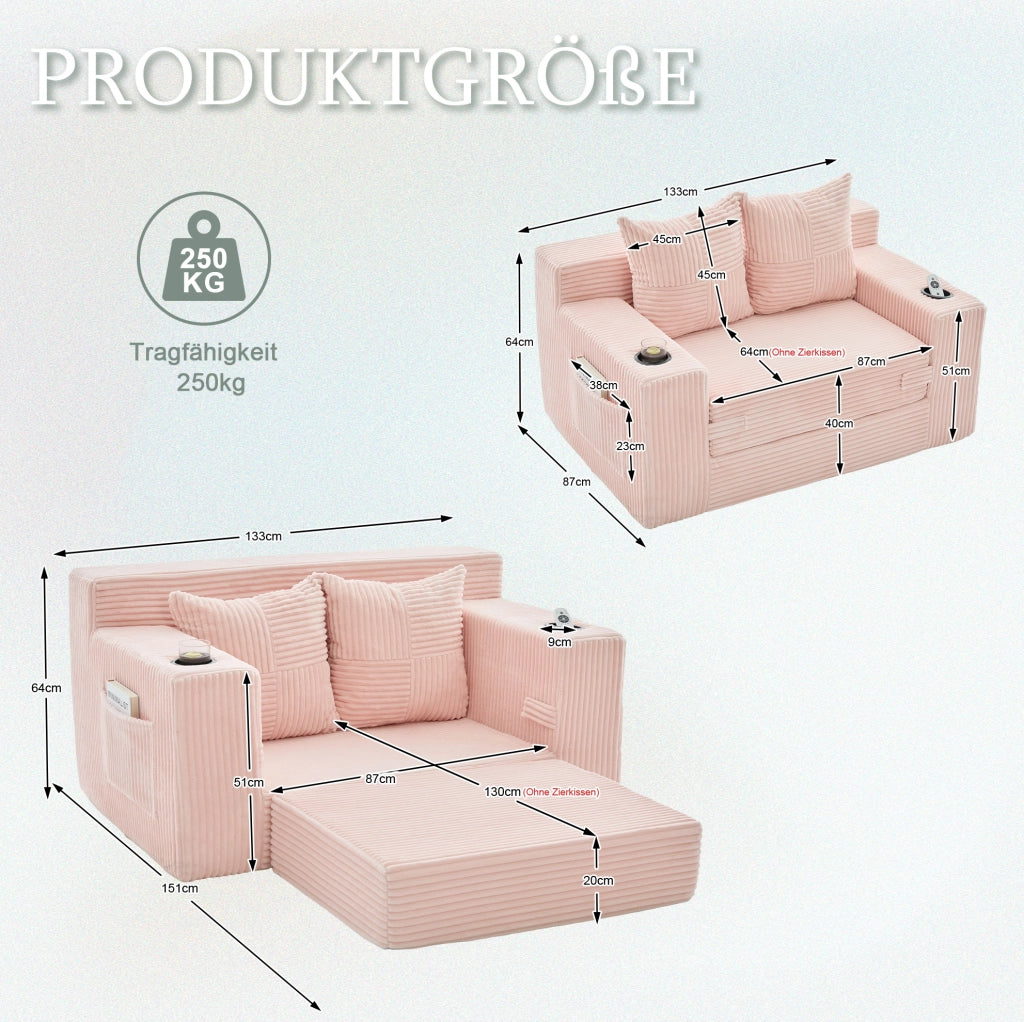 Divano pouf in velluto a coste rosa con tasche laterali e 2 cuscini; 151 × 133 × 64 cm