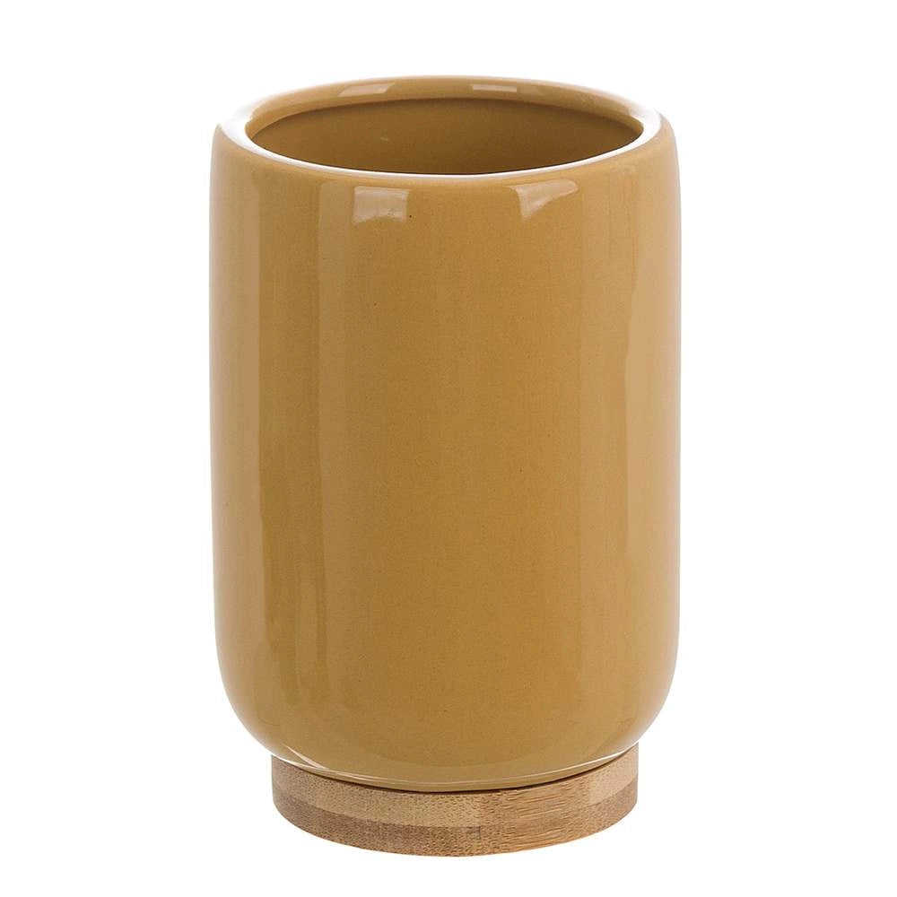 Porta Spazzolini in Ceramica Senape con Base in Legno Gaby Blanc Mariclò