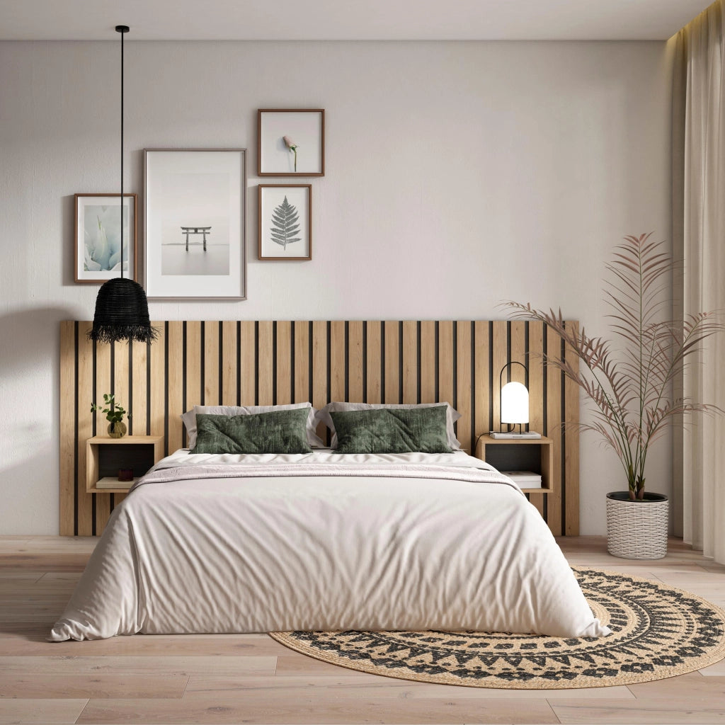 Testiera e Comodini, 258x107x3cm, Letto 150,160,180cm, Pannelli, colore Rovere RF3578