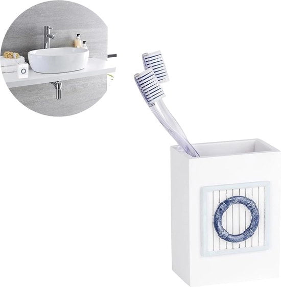 Sostegno a dente rettangolare in resina - 6 x 8 x 11 cm - bianco e blu - accessorio da bagno