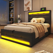 Letto imbottito 90x200 cm con luci LED RGB, porte USB, testiera regolabile e struttura salvaspazio, grigio