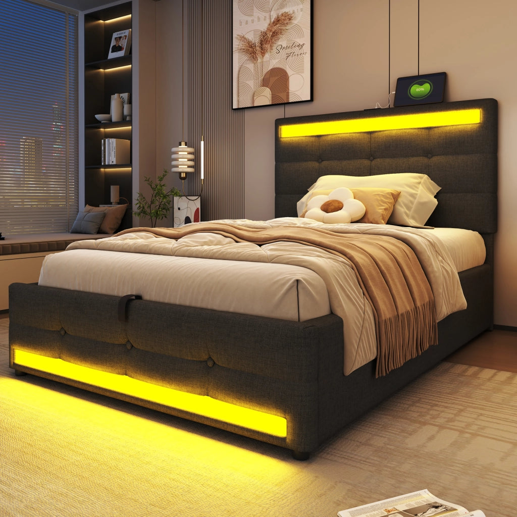 Letto imbottito 90x200 cm con luci LED RGB, porte USB, testiera regolabile e struttura salvaspazio, grigio