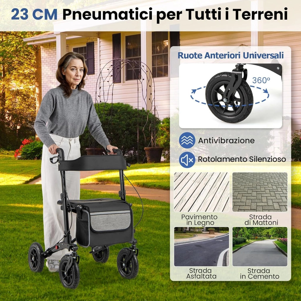 Deambulatore Pieghevole per Anziani in Alluminio, Rollator Regolabile in Altezza con Seduta, Schienale e Freni, Girello per Anziani con Borsetta, Carico Massimo 140 kg (Nero)