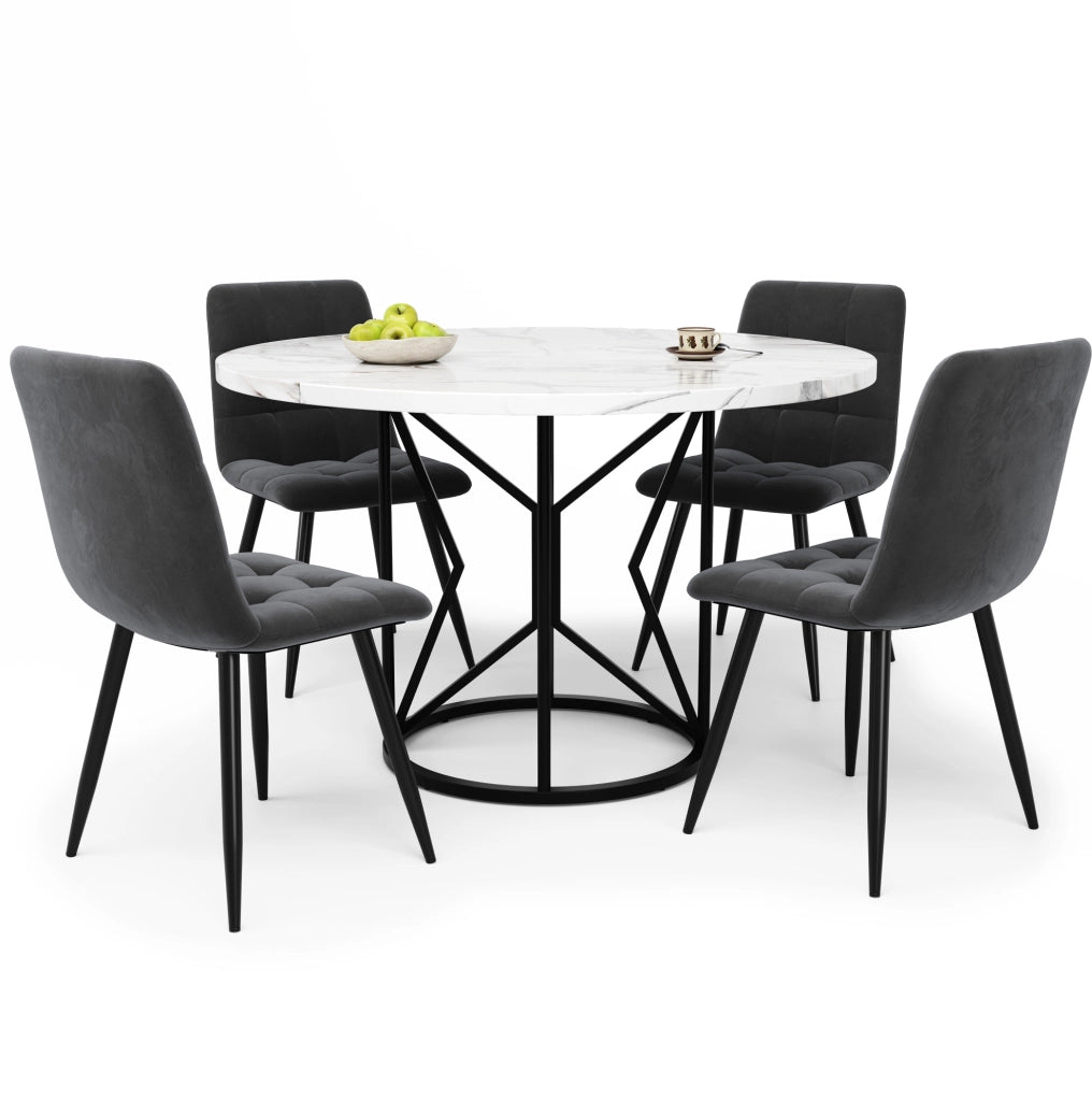 Set da pranzo 100x100x76 cm con 4 sedie; piano effetto marmo in MDF; metallo e velluto nero