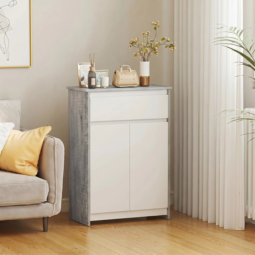 Mobile Bagno Autoportante 60x30x90 cm con Cassetto e Ante Doppie in Legno Grigio e Bianco