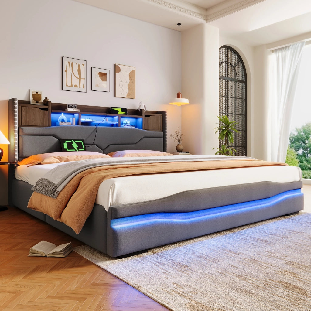 Letti contenitori 180x200 cm; rialzo idraulico e luci LED; lino e MDF grigio (Senza materasso)