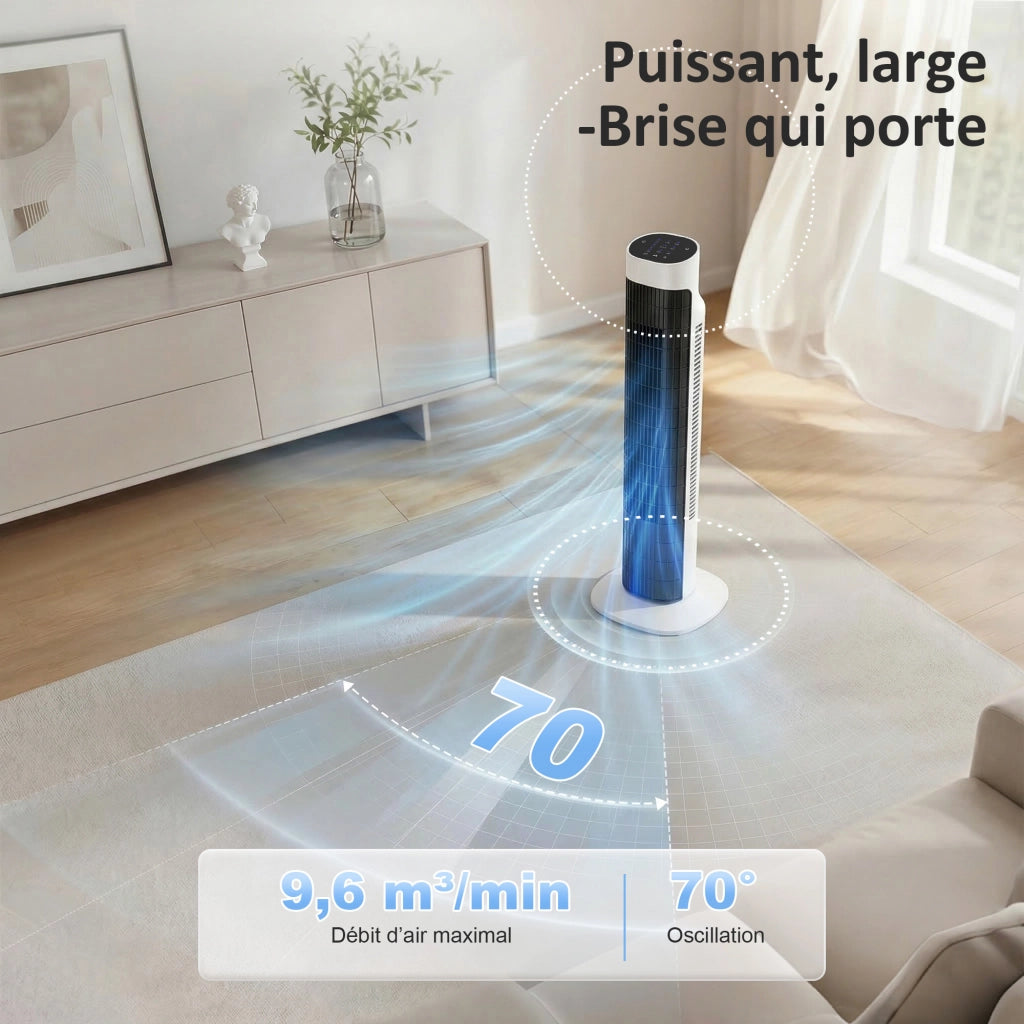 Ventilatore a torre oscillante ¨C Zephmum ¨C Bianco e Nero, 70¡ã, LED, telecomando, timer 12H