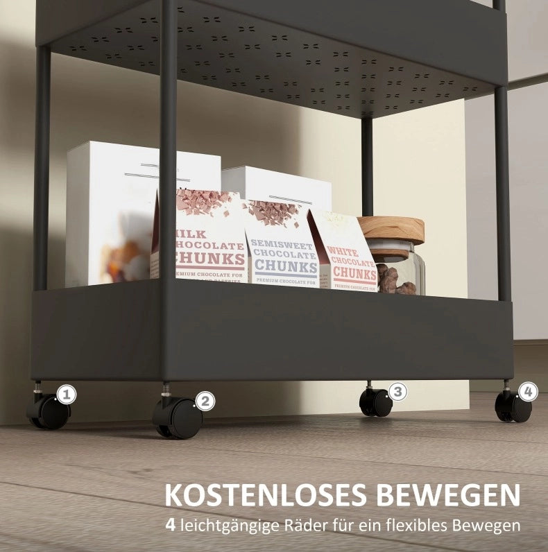 Carrello da cucina nero con 4 ripiani, ruote e freni, 40 x 19 x 90 cm, in plastica ABS