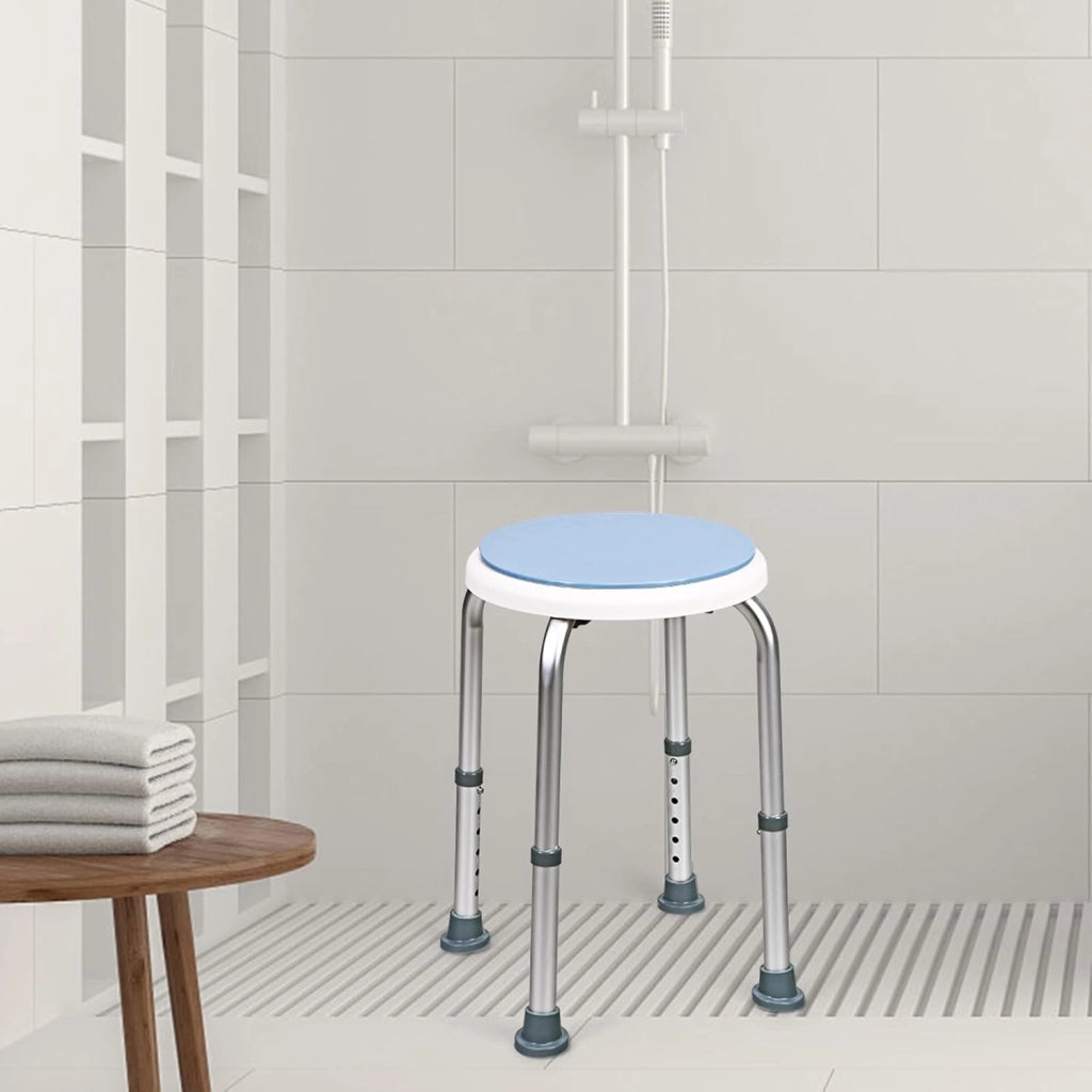 Sgabello per Doccia Girevole a 360°, Regolazione in Altezza, Gambe in Alluminio Resistenti alla Ruggine, Stabile e Antiscivolo, Sedile Comodo per Anziani e Disabili