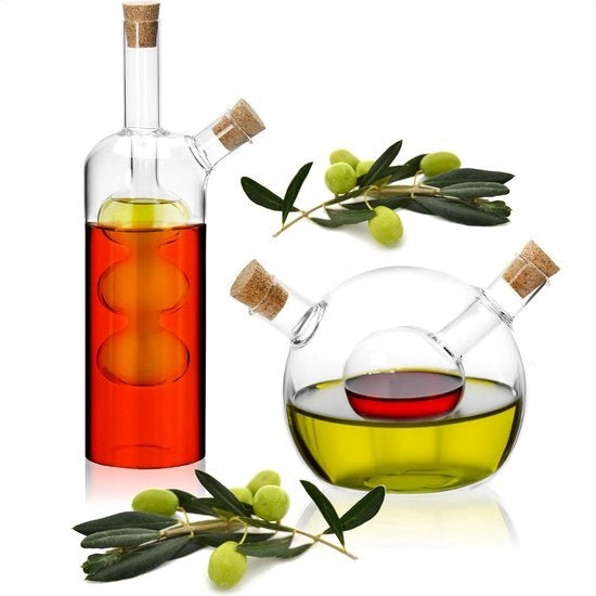 Set di dispenser olii a doppio contenitore - Fusto di vetro 2 in 1 con tappo per aceto e olio - Contenitore di vetro per riempire - Fusti di vetro con beccuccio e 2 aperture - Caraffa di vetro