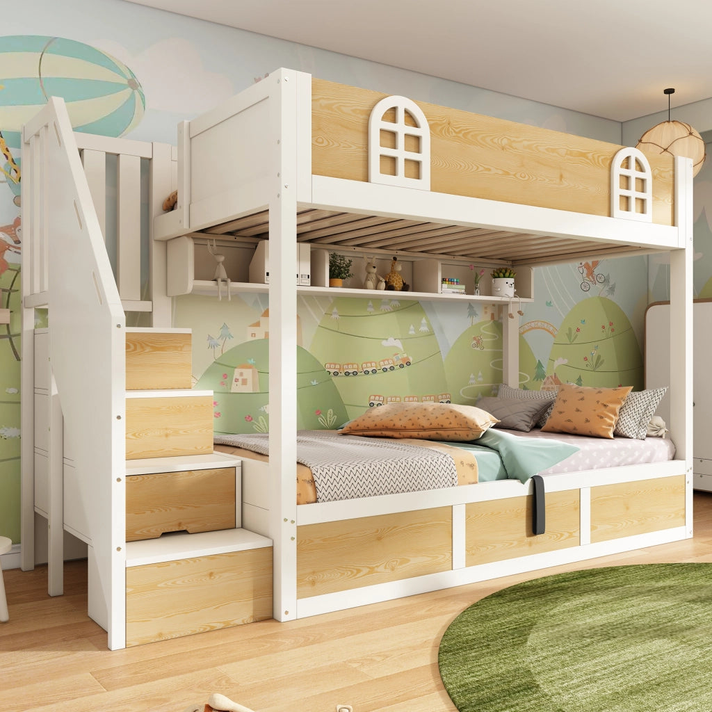 Letto a castello con scala e contenitore in legno e metallo 90x200 cm