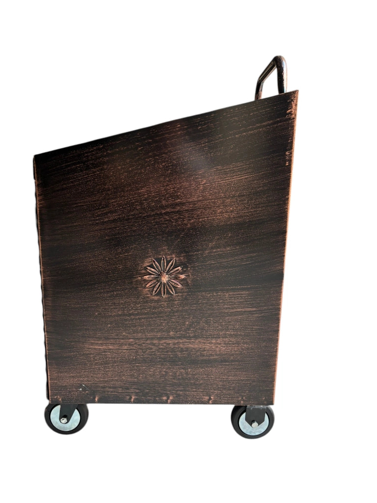 Porta Legna con Ruote, Porta Pellet, in Ferro Battuto, 52 x 50 x 84h cm, Motivo Floreale, Per Camino e Stufe Rame