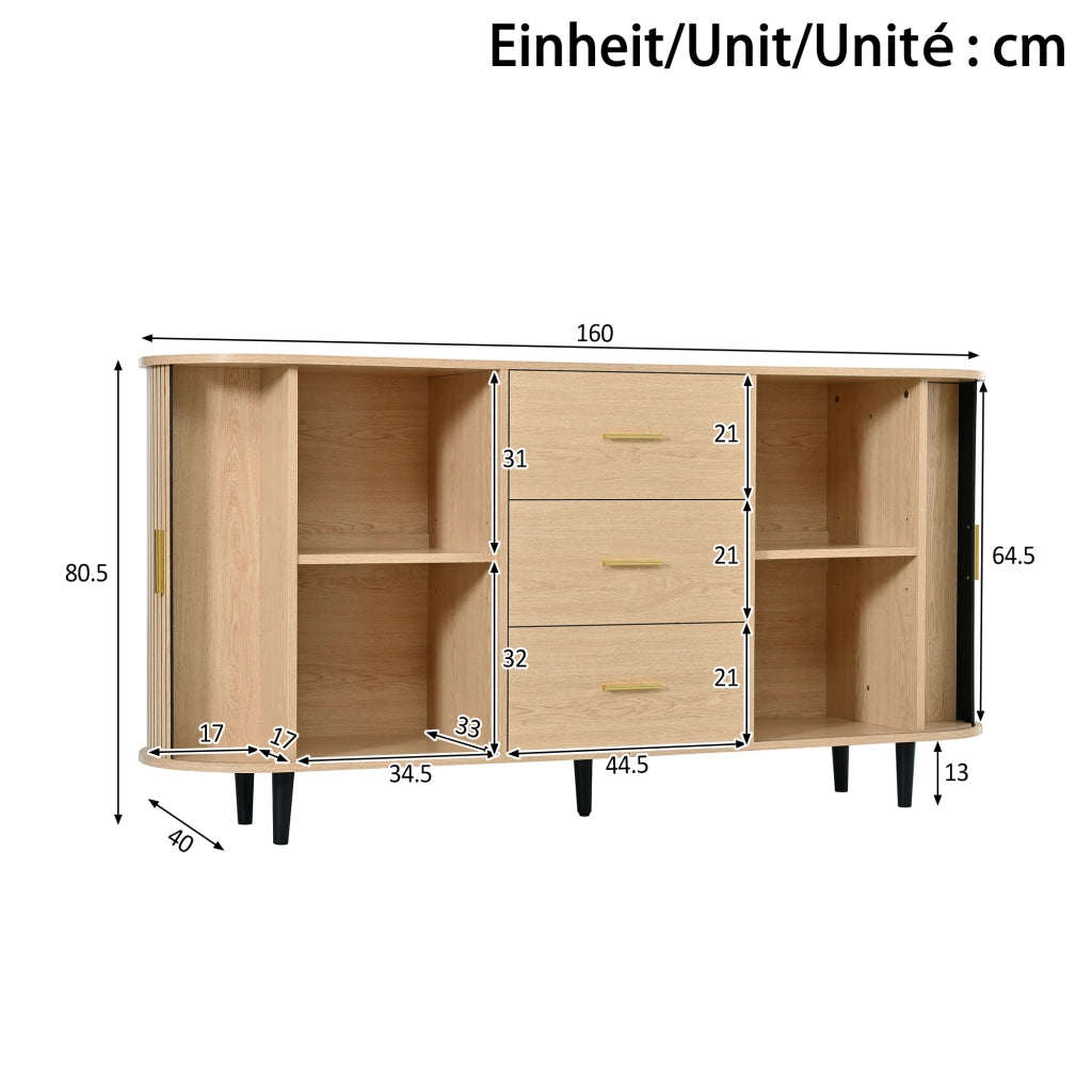 Credenza con 3 cassetti centrali e ante scorrevoli laterali ripiani regolabili in MDF naturale 160 × 40 × 80,5 cm