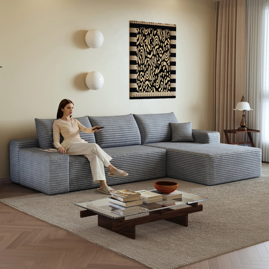 Divano angolare modulare con chaise longue in tessuto a coste e schiuma ad alta elasticità grigio