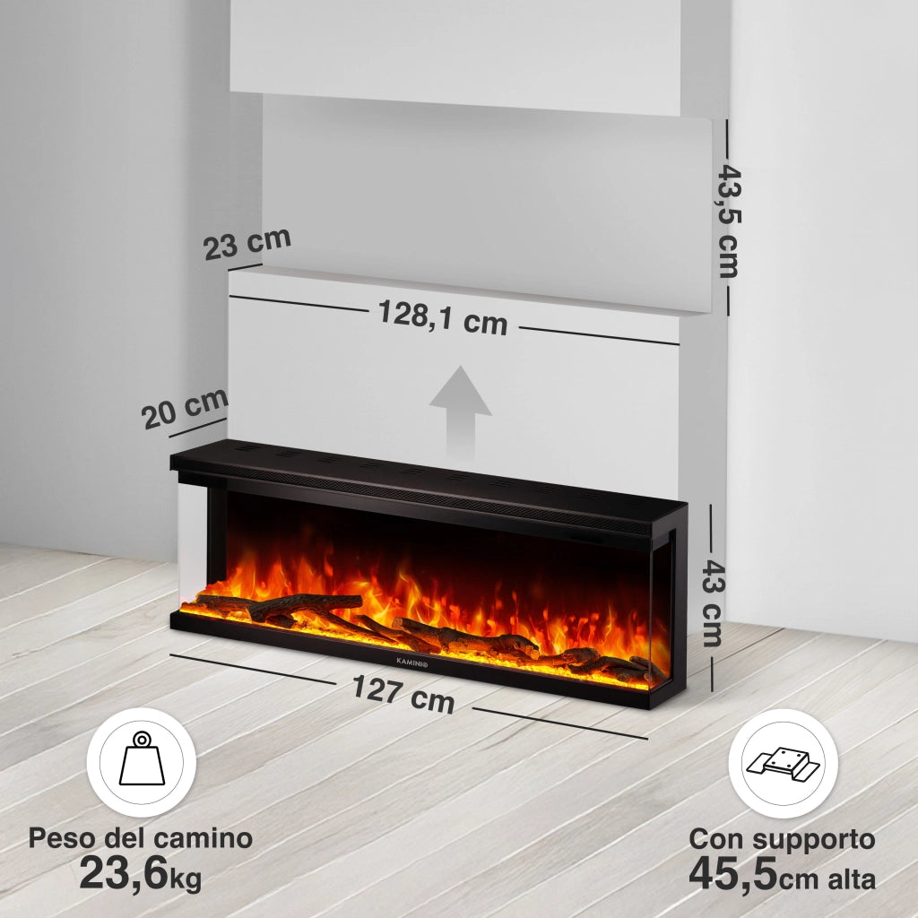 KAMINIO Camino elettrico LEA - Camino 3 in 1 con vista panoramica, riscaldamento, effetto fiamma, 12 colori delle fiamme, telecomando - 50 pollici