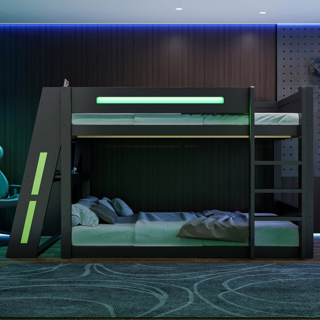 DESMIU Letto a castello 140 × 200 cm 2 posti con scrivania, USB, LED e ripiani, senza materasso, in legno e MDF, nero