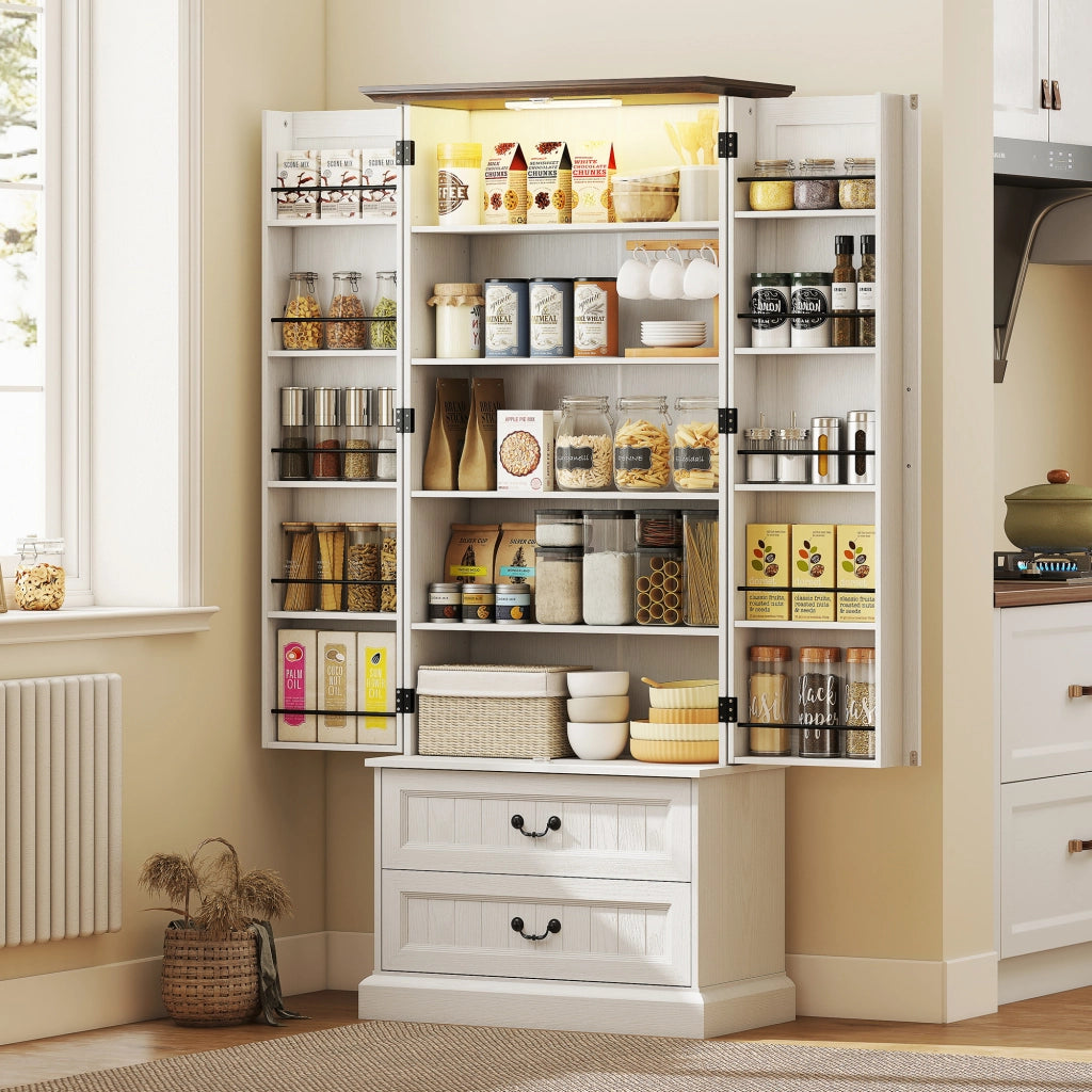 Armadio da cucina ¨C zephmum ¨C 2 ante, cassetti, ripiani regolabili, LED, 76x39.5x183cm, bianco