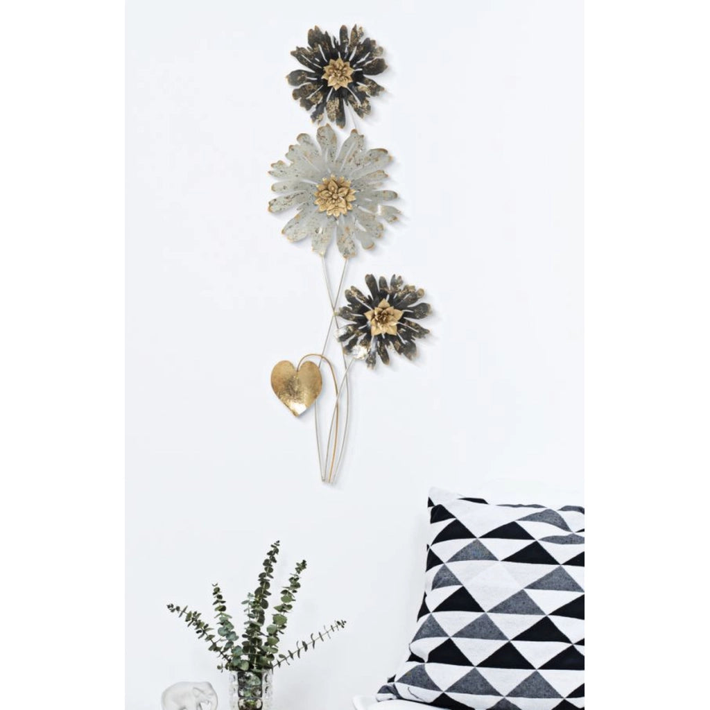 Pannello decorativo da parete Simply con tre fiori in ferro nero, argento e oro 35x88 cm