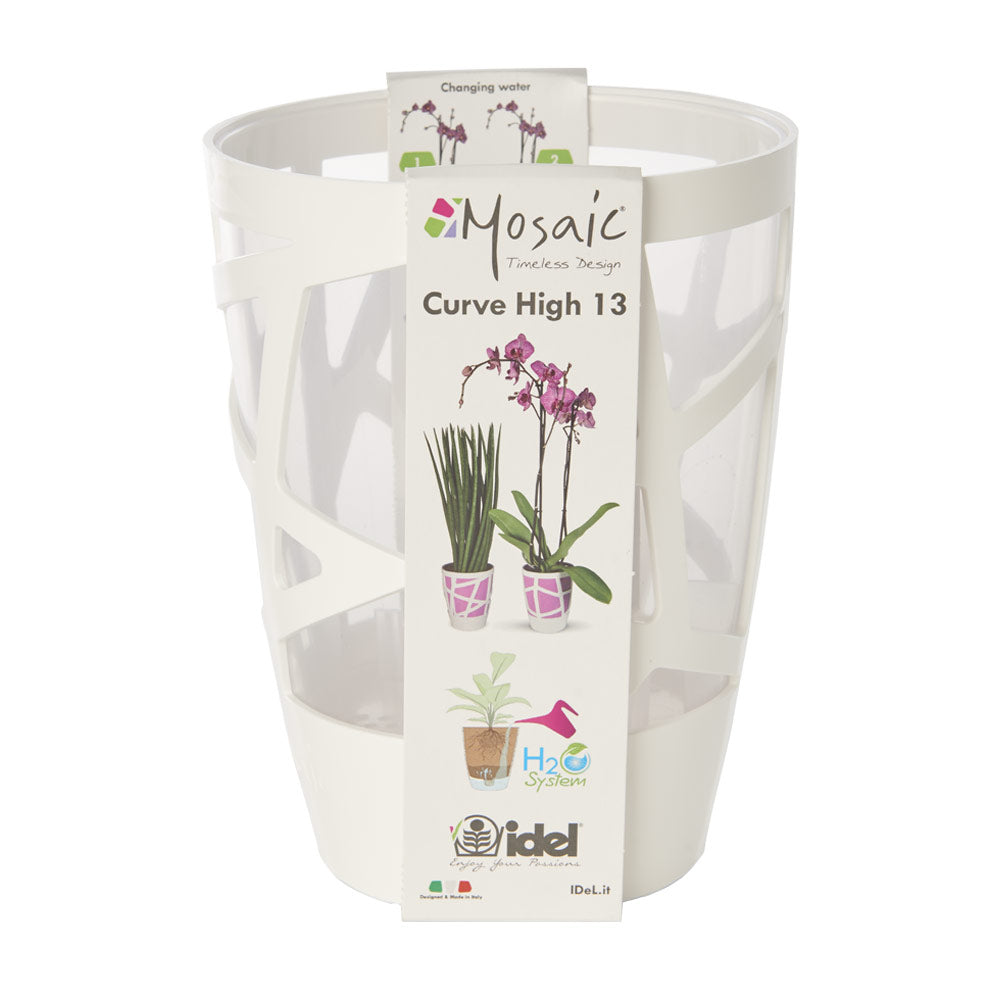 Vaso per Piante Interno Moderno Auto Irrigazione Mosaic Curve Hight 13 Idel Colore: Bianco/Trasparente