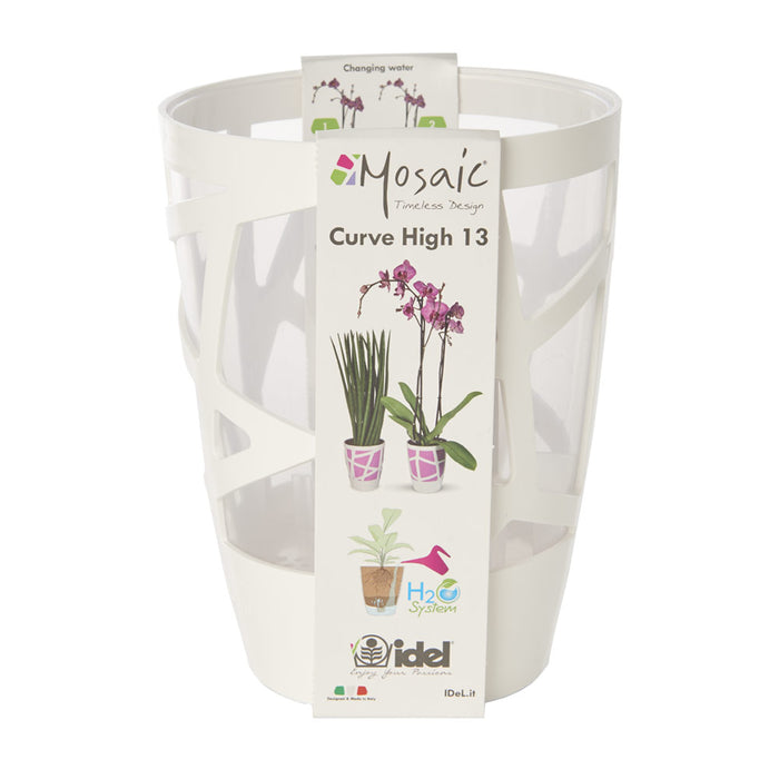 Vaso per Piante Interno Moderno Auto Irrigazione Mosaic Curve Hight 13 Idel Colore: Bianco/Trasparente