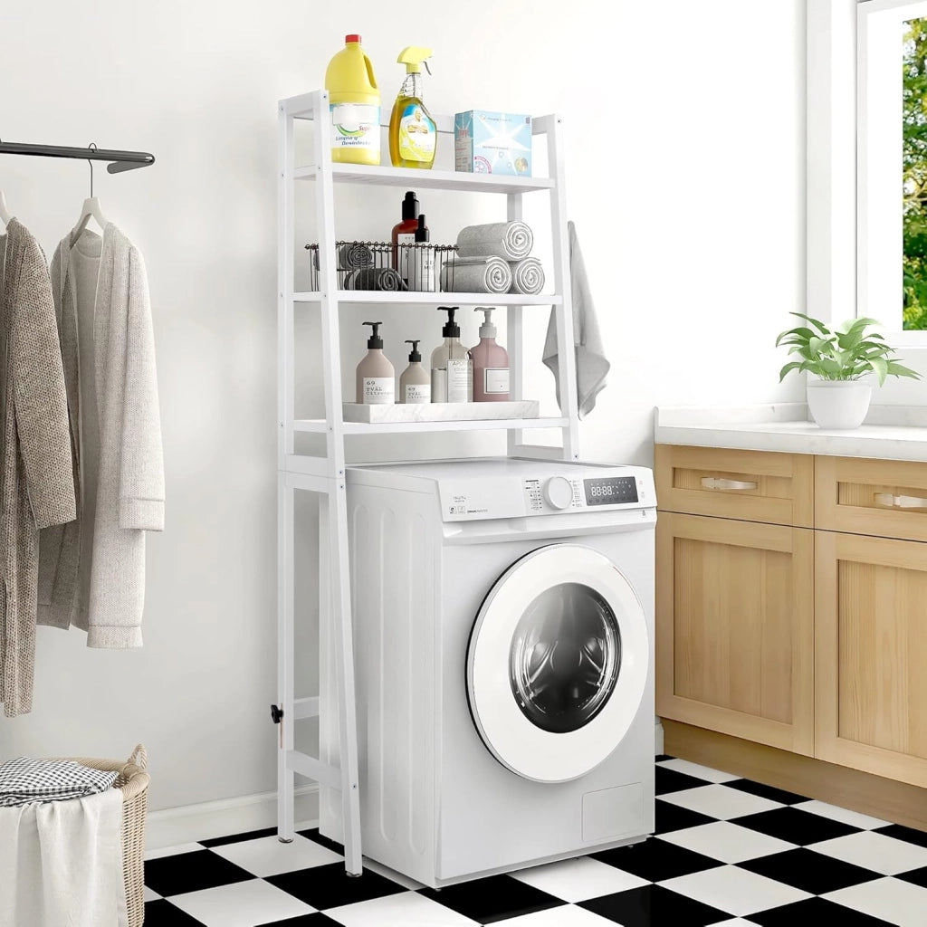 Mensola portaoggetti per bagno, 3 Livelli Sopra Scaffale per lavatrice, organizzatore di spazio per il bagno, autoportante sopra la toilette con porta carta igienica e ganci (bianco)