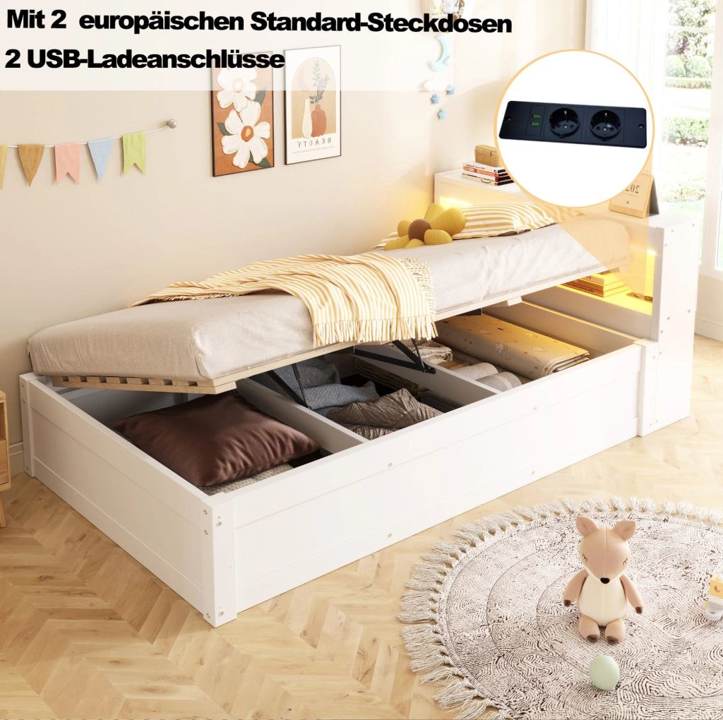 Letto multifunzione 90x200 cm con LED, presa e vano contenitore
