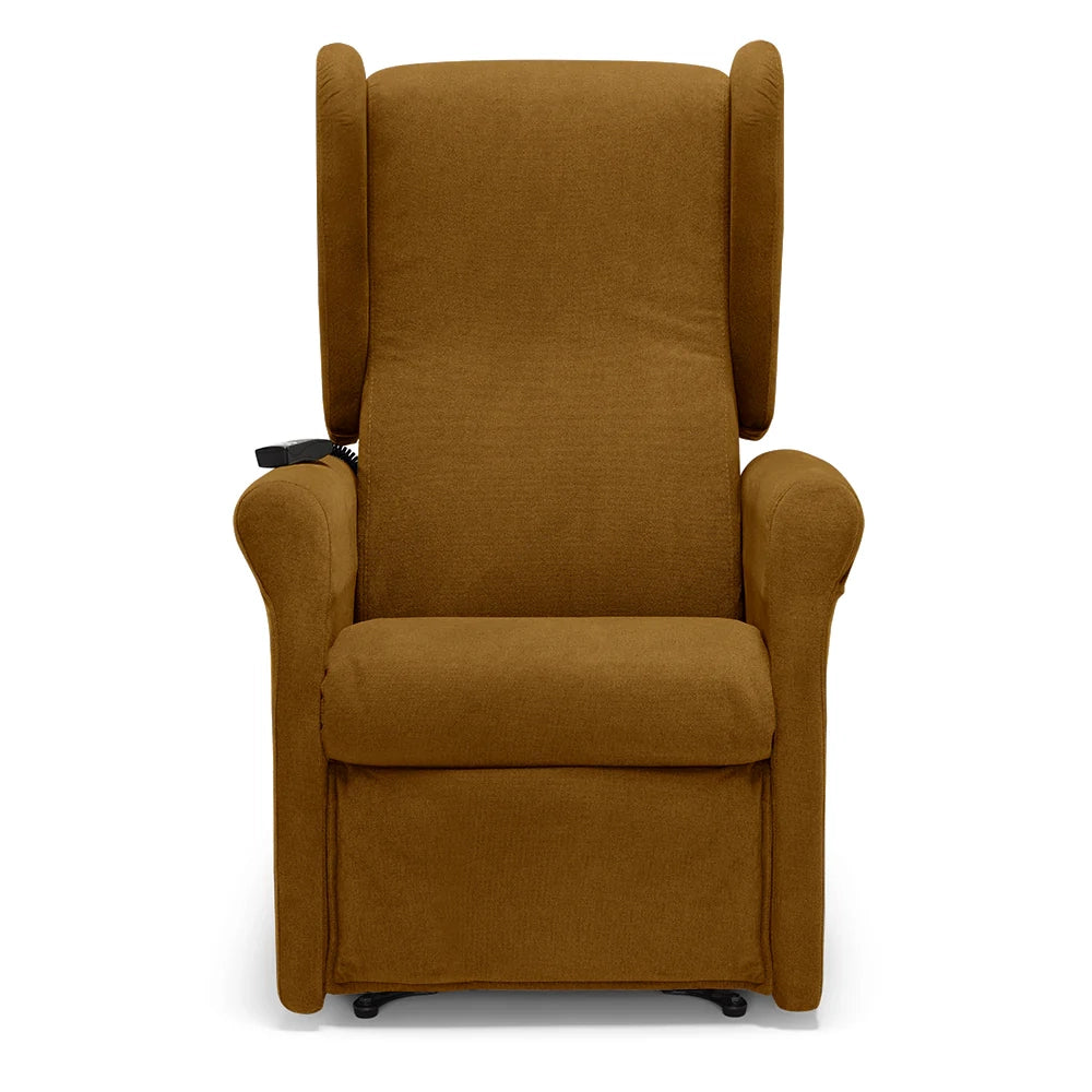 Poltrona relax elettrica PISA MADE IN ITALY per anziani e disabili, 2 motori, 4 ruote, reclinazione e alzapersona, Tessuto Antimacchia, colore Mango