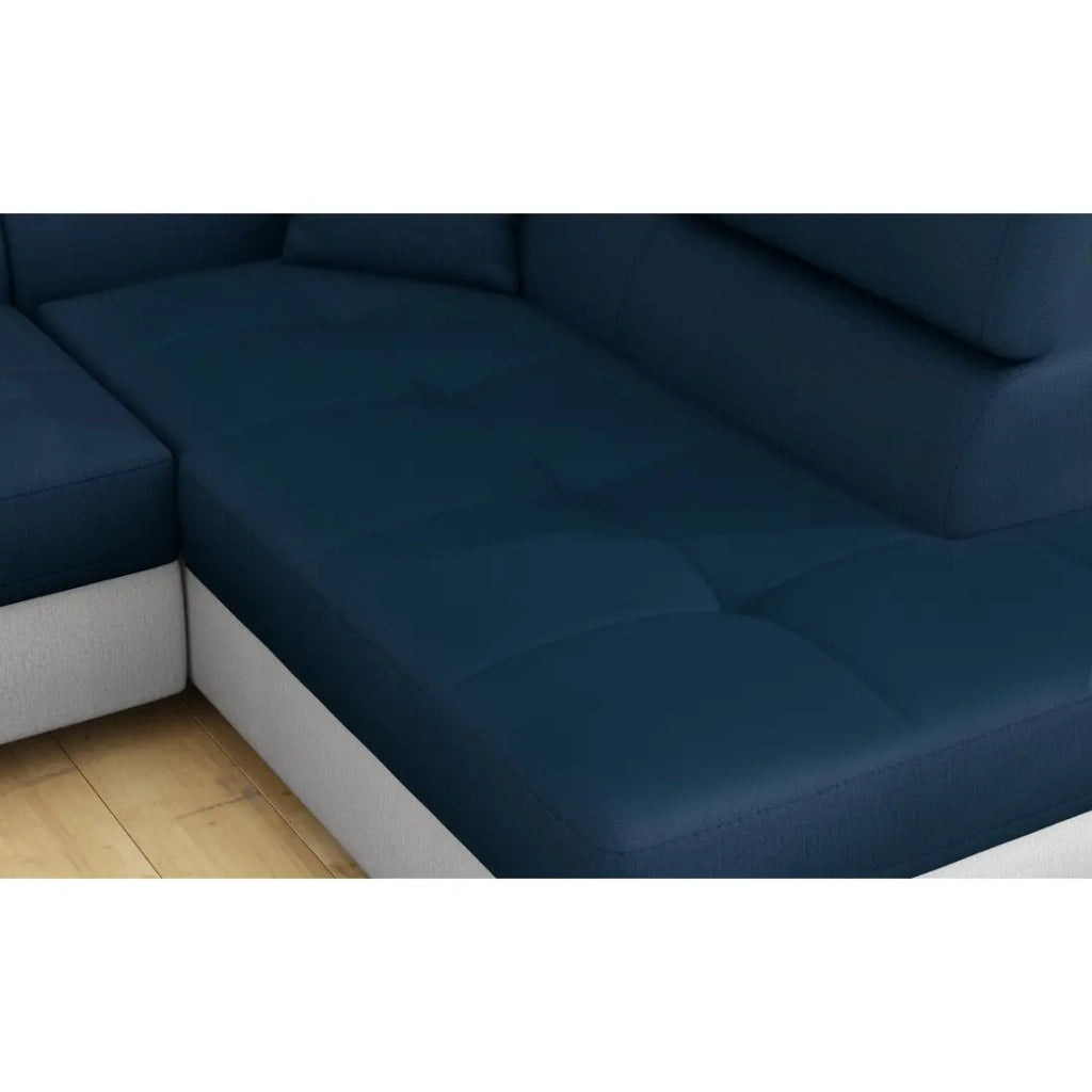 Divano ad angolo convertibile MENTON blu oceano e bianco – Angolo destro con contenitore
