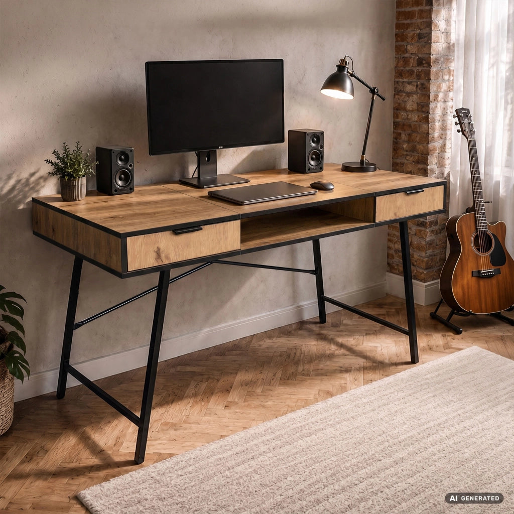 Scrivania industriale per computer Rovere Craft ARDEN 120 cm 2 cassetti 1 ripiano gambe nere