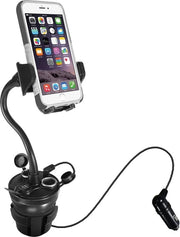 Sostegno per bicchiere per auto con porte di ricarica USB e connessioni per accendino - sostegno per bicchiere regolabile per auto con collo lungo - base rotativa 360° - adatto per telefono stand per telefono cellulare magnetico