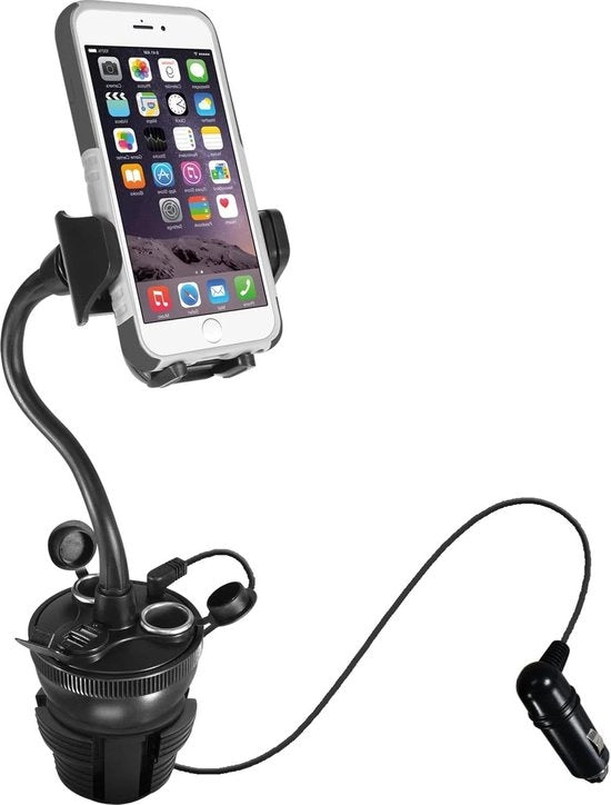 Sostegno per bicchiere per auto con porte di ricarica USB e connessioni per accendino - sostegno per bicchiere regolabile per auto con collo lungo - base rotativa 360° - adatto per telefono stand per telefono cellulare magnetico