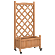 Portavaso per fioriera aiuola rialzata piante fiori terrazza giardino con traliccio e ruote in legno massello di abete marrone 02_0038372