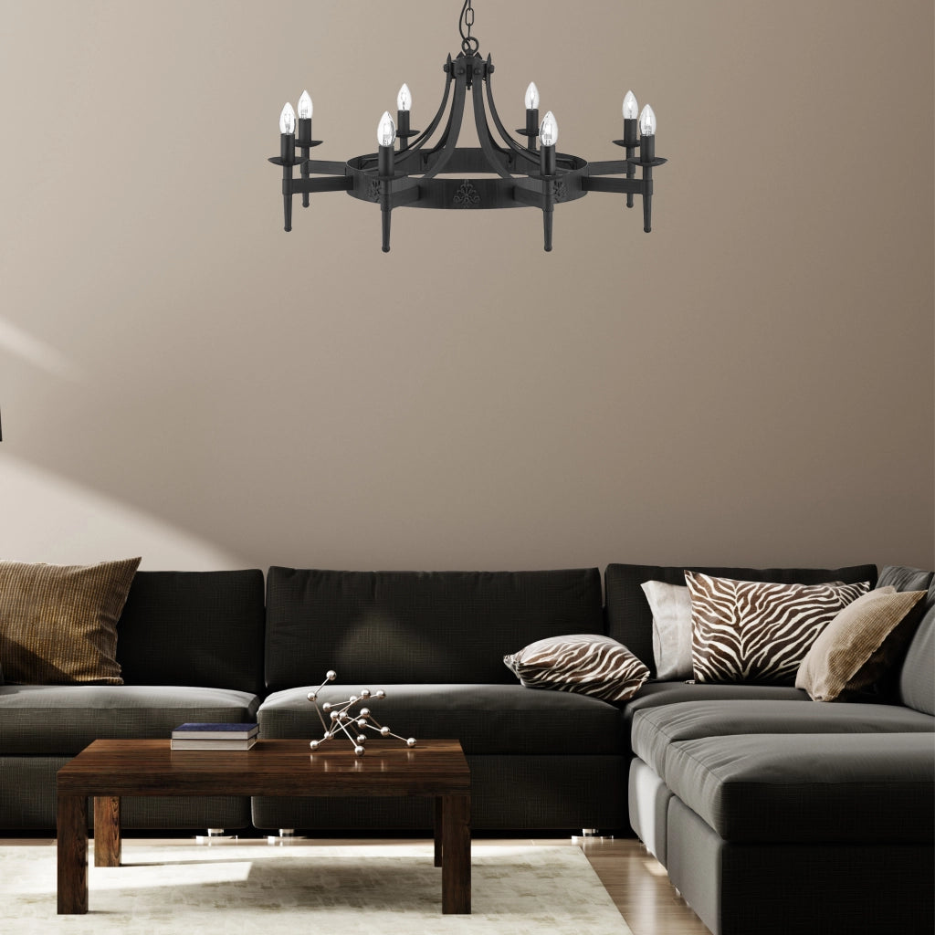 Lampadario Industrial-Nordico Cartwheel Ii Ferro Nero 8 Luci E14