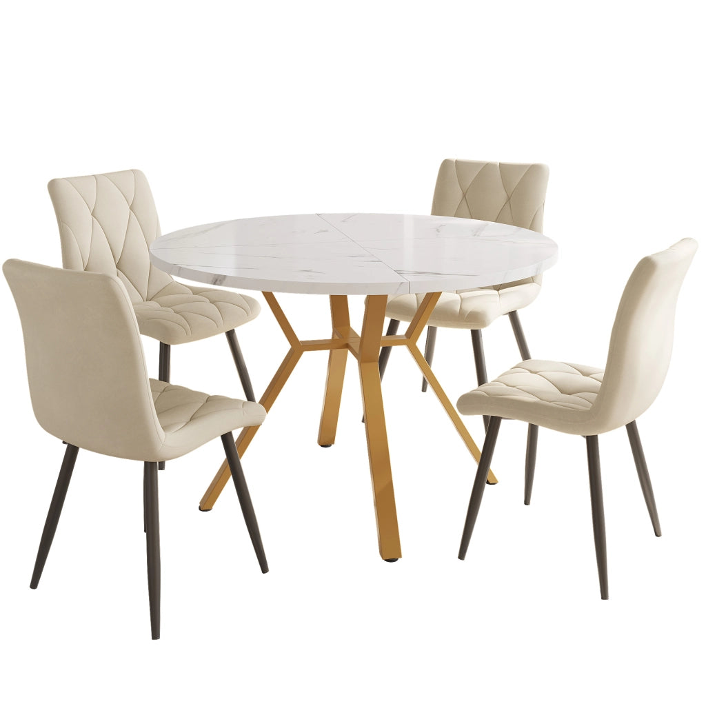 Set Tavolo da Pranzo Rotondo con 4 Sedie in Velluto ¨C Xylo ¨C Piano Marmo, Gambe in Metallo Dorato, Beige