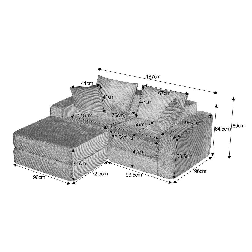 Divano modulare convertibile a 2 posti con schienale e braccioli ampi in velluto a coste bianco 259,5 × 96 × 80 cm