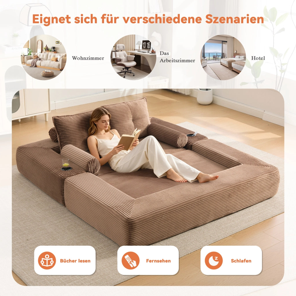 Divano letto pieghevole con portabicchieri tasche laterali e cuscini in memory foam in velluto a coste marrone