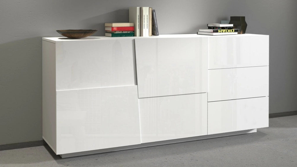 Credenza Avelignese, Buffet da soggiorno, Madia da salotto con 2 ante e 3 cassetti, 180x44h86 cm, Bianco lucido