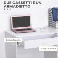 Scrivania Moderna per PC e Computer con 2 Cassetti e 1 Armadietto, Scrivania con Libreria Salvaspazio per Ufficio o Camera in Legno, Bianco
