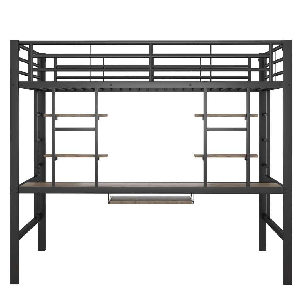 Letto a Soppalco Matrimoniale con Scrivania e 2 Scaffali; 140 x 200 cm; senza Materasso; Nero