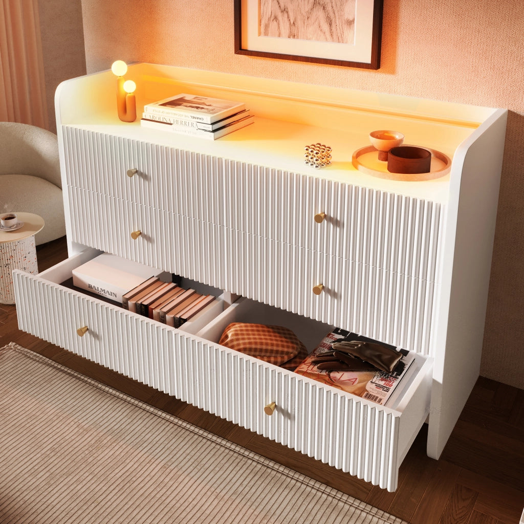 OKWISH Cassettiera Credenza con 6 Cassetti e 1 Vano Aperto, LED, Frontale Ondulato, per Soggiorno o Camera 120 x 40 x 75 cm
