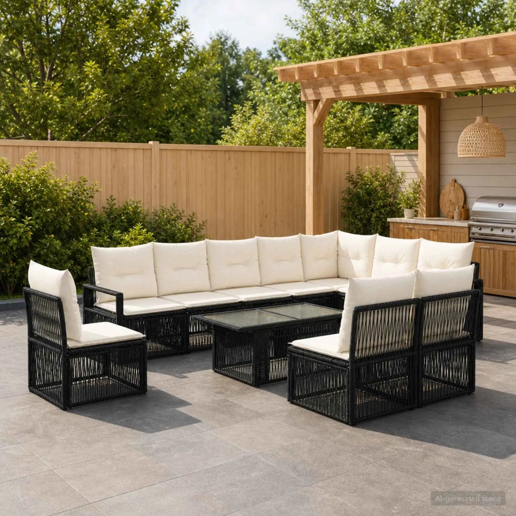 Set Divano da Giardino 11 pz Nero e Bianco Crema polyrattan 3437110