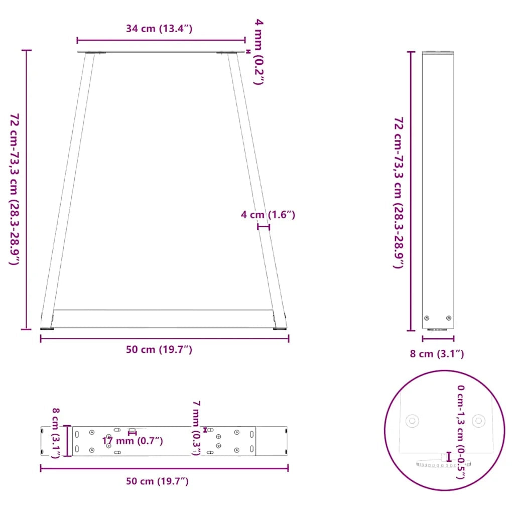 Set di 2 gambe per tavolo da pranzo a forma di V 50 x 73 cm con regolazione dell'altezza design moderno acciaio nero 02_0056855