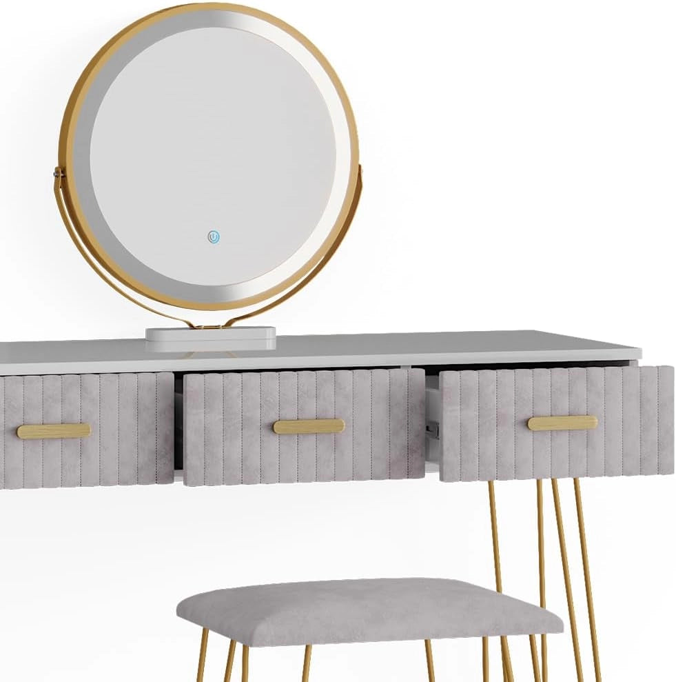 Vicco Tavolo da toeletta Layla, Grigio, 100 cm con illuminazione LED e sgabello, con illuminazione a LED e panca imbottita