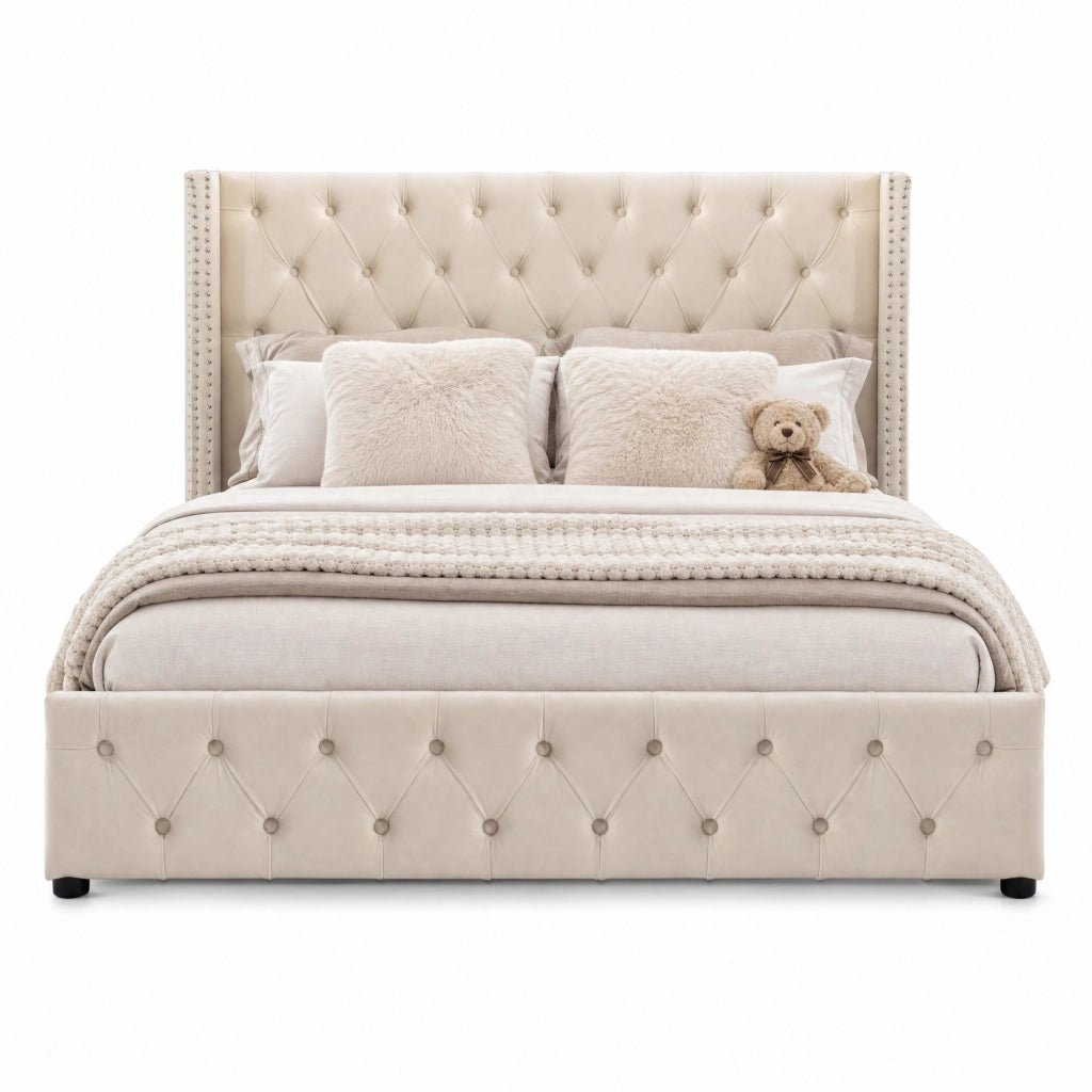 Letto imbottito matrimoniale 140x190 cm in velluto beige con contenitore e rete a doghe