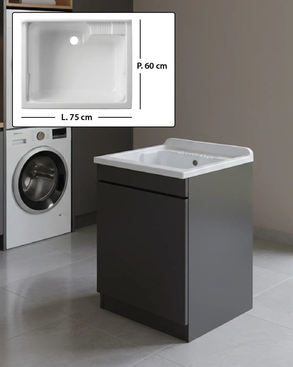 Mobile Lavatoio in legno Nobilitato Grigio con uno sportello e pilozzo lavabo in resina x lavanderia bagno Dimensioni (Larghezza x Profondità): L 75 x P 60 cm
