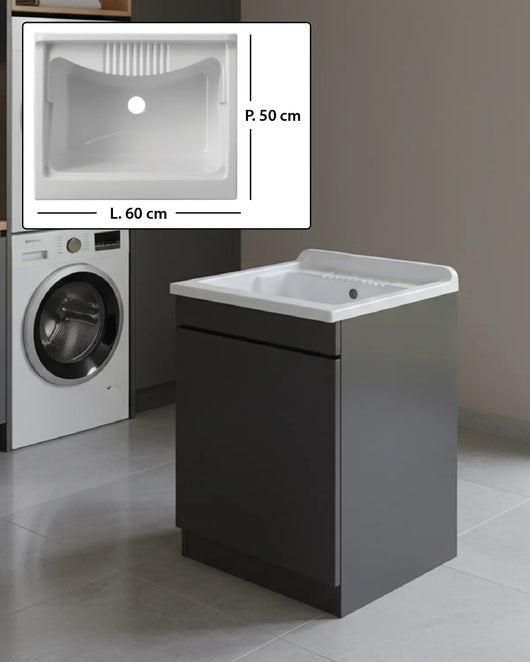 Mobile Lavatoio in legno Nobilitato Grigio con uno sportello e pilozzo lavabo in resina x lavanderia bagno Dimensioni (Larghezza x Profondità): L 60 x P 50 cm