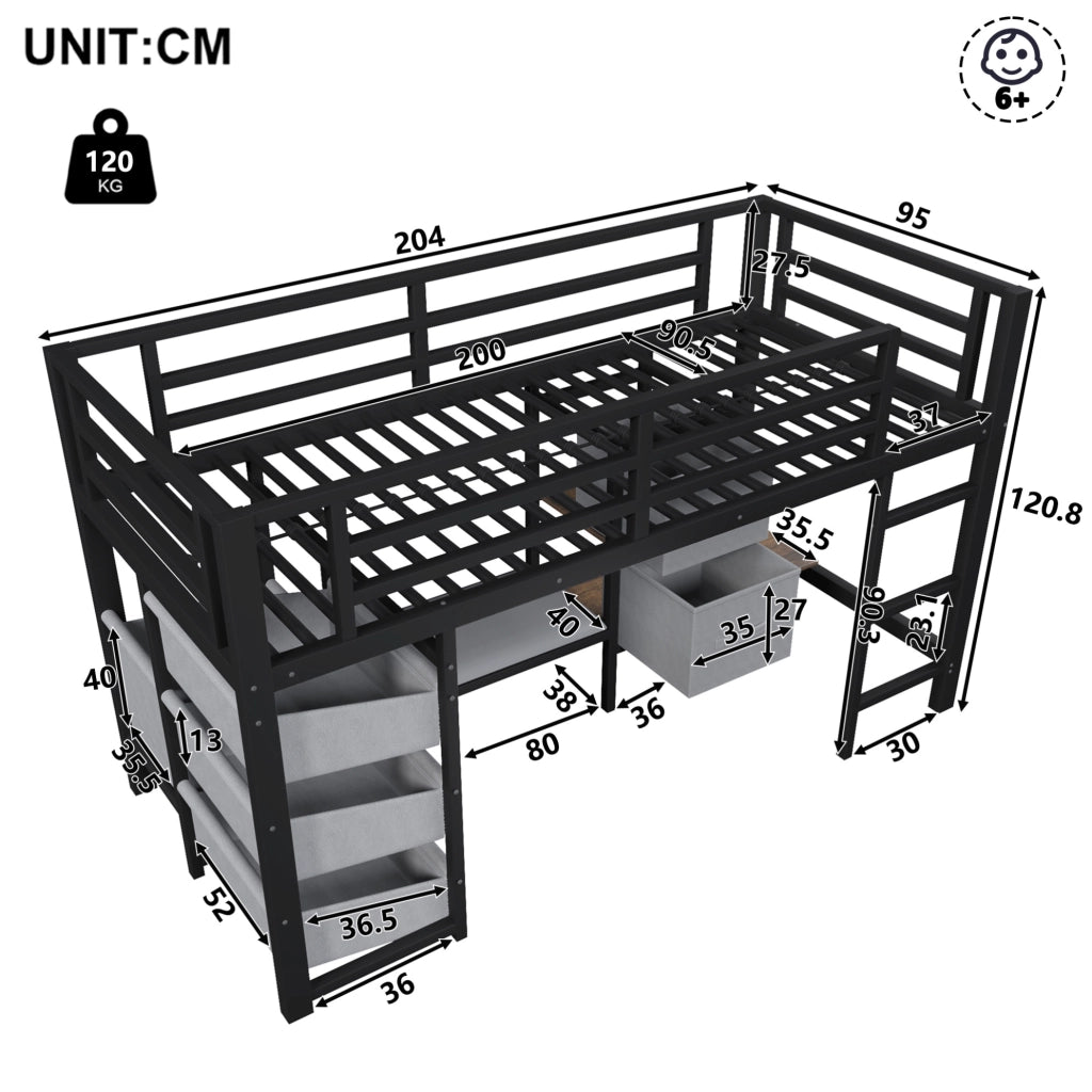 Letto a mezza altezza 90x200 cm in metallo nero con LED, cassetti e tasche