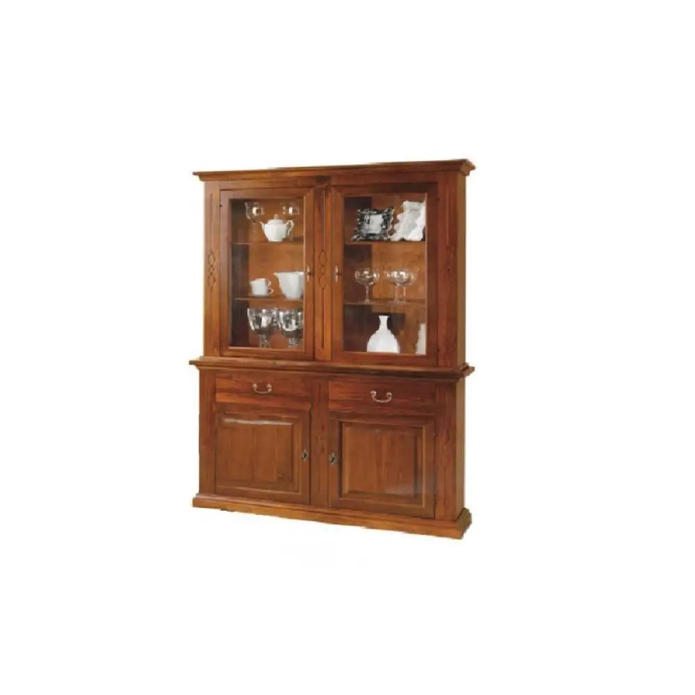 Cristalliera 4 ante 2 cassetti arte povera in legno massello e mdf con rifinitura noce Bassano 168x48x222 H