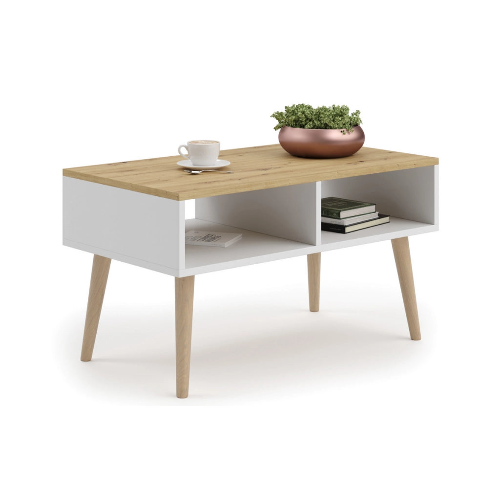 Tavolino da salotto SANDI scandinavo bianco e rovere Artisan con ripiano