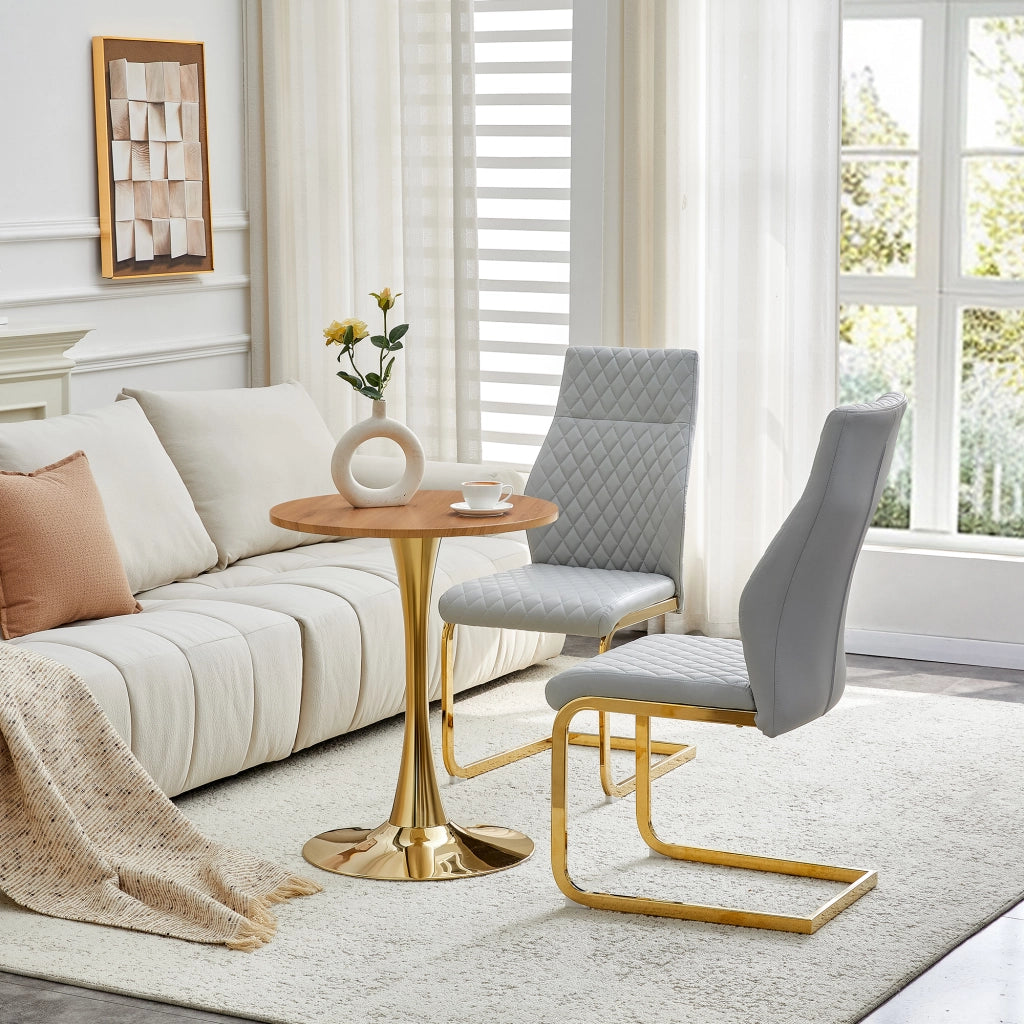 Set tavolo e sedie con 1 tavolo rotondo e 2 sedie; base centrale in MDF; metallo e PU grigio chiaro e oro